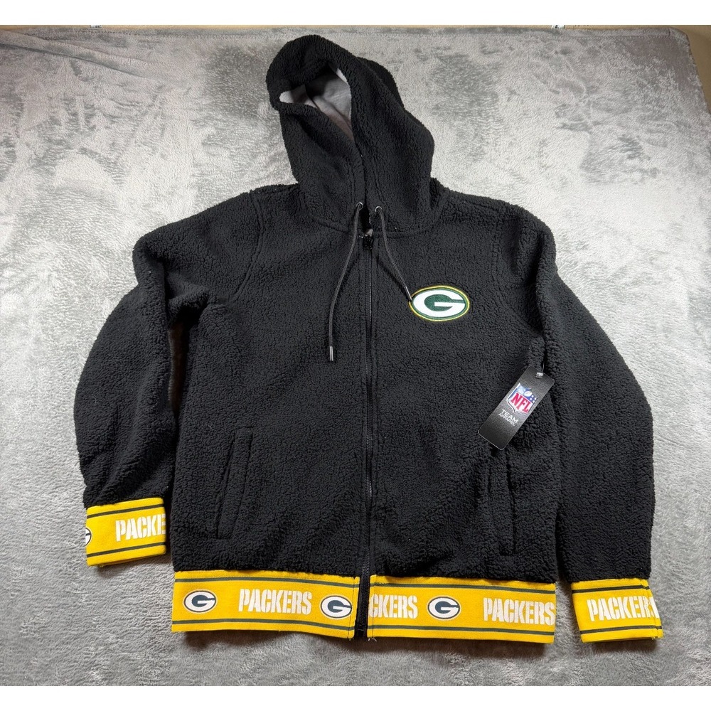 NFL Team Apparel Green Bay Packers Sherpa Hoodie Womens M Black Full Zip NWT